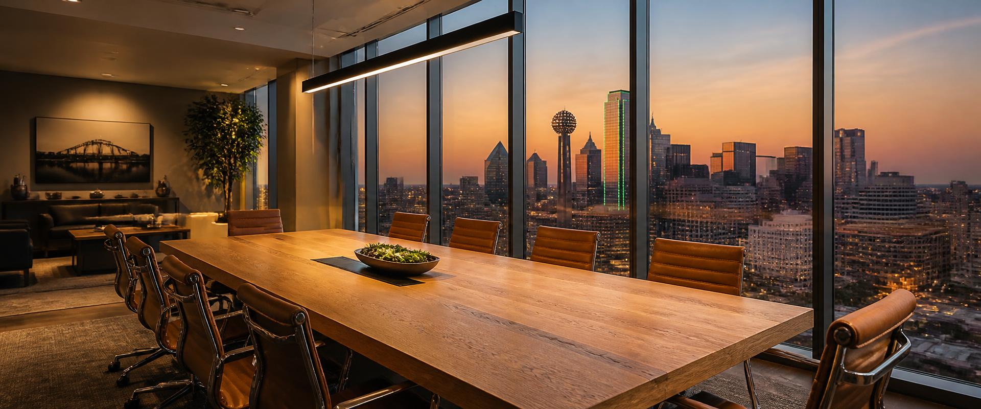 Dallas skyline at dusk seen from a private advisory conference room